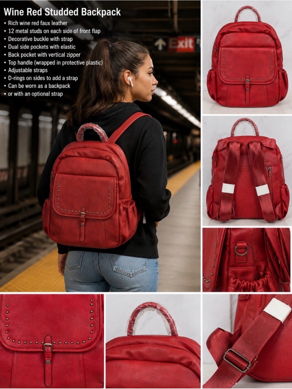 🎁 LIVE SHOW GIVEAWAY! Wine Red Studded Convertible Backpack 🦬